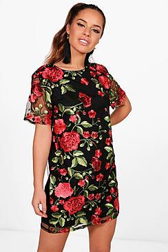 Boohoo Petite Lucy Mesh Embroidered Shift Dress