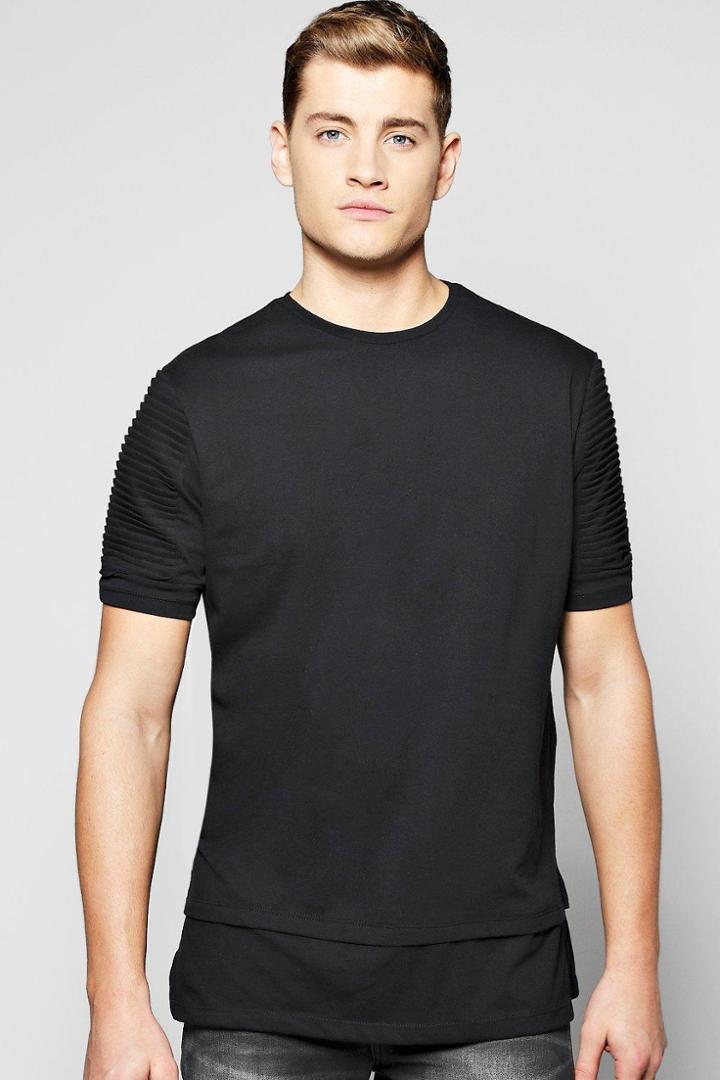 Boohoo Longline T Shirt With Biker Pleated Sleeves Black