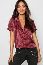 Boohoo Petite Hammered Satin Mock Horn Shirt