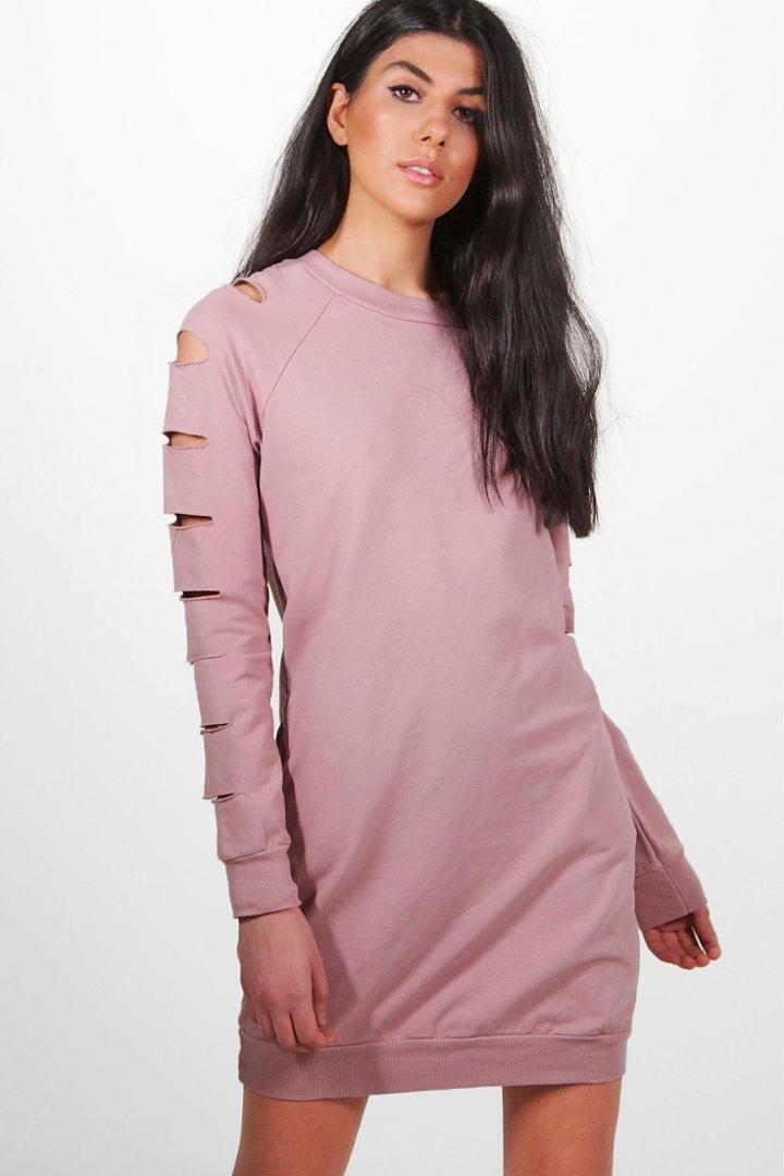 Boohoo Sarah Cut Sleeve Distressed Sweat Dress Blush