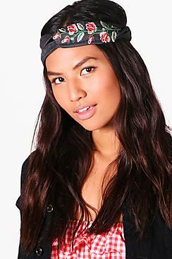 Boohoo Floral Embroidered Denim Turban Headband