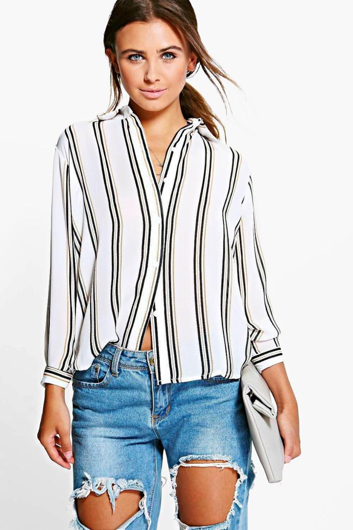 Boohoo Petite Edie Striped Oversized Shirt White