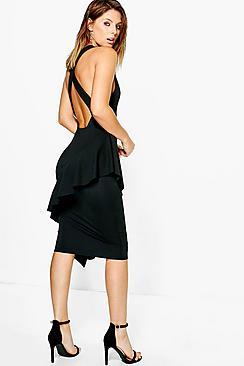 Boohoo Emi Asymmetric Cross Back Peplum Midi Dress