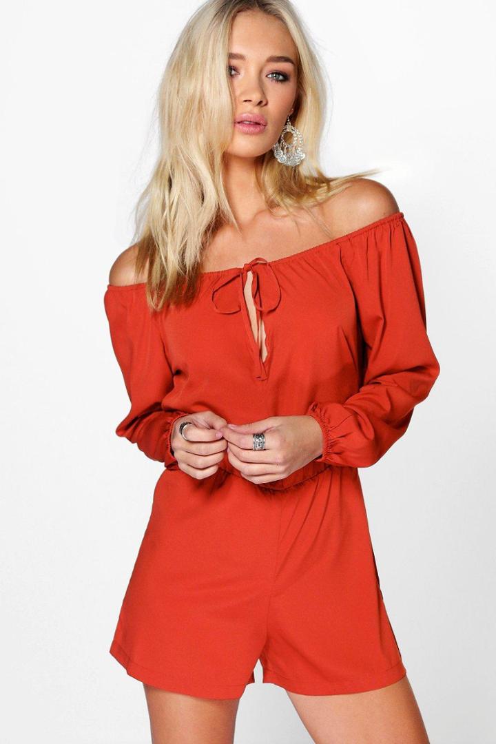Boohoo Nellie Off The Shoulder Woven Playsuit Spice