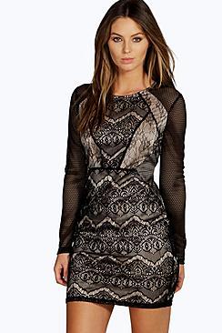 Boohoo Vanessa Lace Panelled Long Sleeve Bodycon Dress