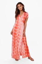 Boohoo Petite Ellie Tie Dye Wrap Front Maxi Dress Coral