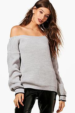 Boohoo Kacy Turn Up Cuff Slash Neck Jumper