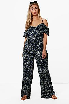 Boohoo Plus Eve Drape Sleeve Floral Wide Leg Jumpsuit