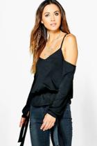 Boohoo Rosaleen Cold Shoulder Tie Sleeve Top Black