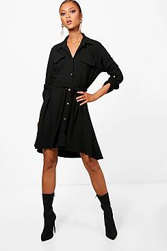 Boohoo Karoline Belted Button Through Dress