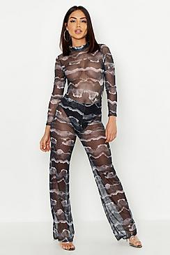 Boohoo Tie Dye Mesh Pant Lined Loose Leg Trouser
