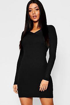 Boohoo Skinny Rib V Front & Back Dress