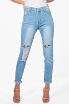 Boohoo Mia Mid Rise Embroidered Distressed Knee Skinny Jeans Blue