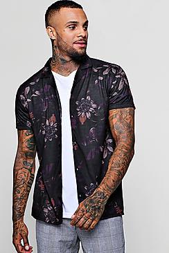 Boohoo Dark Floral Short Sleeve Revere Shirt