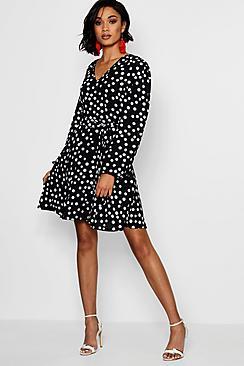 Boohoo Lowis Polka Dot Belted Skater Dress