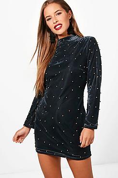 Boohoo Petite Power Shoulder Velvet Beaded Dress