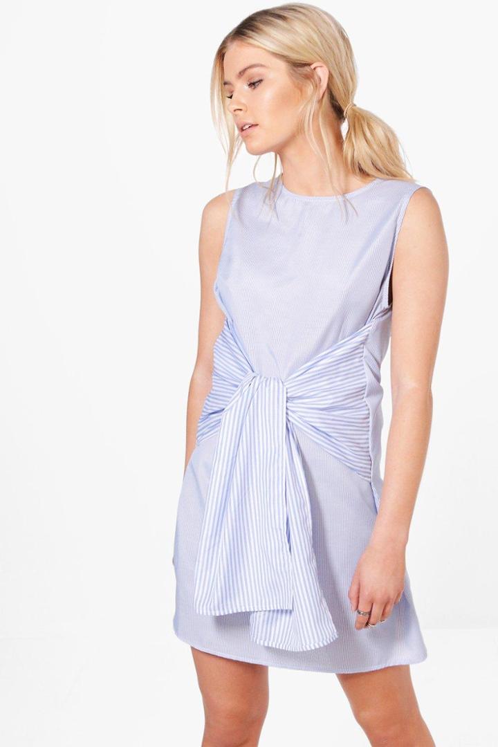 Boohoo Elsie Mixed Stripe Tie Front Shift Dress Blue