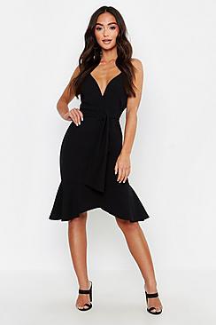 Boohoo Petite Plunge Belted Ruffle Midi Dress