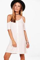 Boohoo Button Through Cold Shoulder Swing Dress