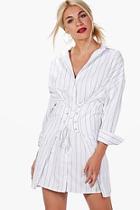 Boohoo Anna Corset Lace Up Waist Stripe Shirt Dress