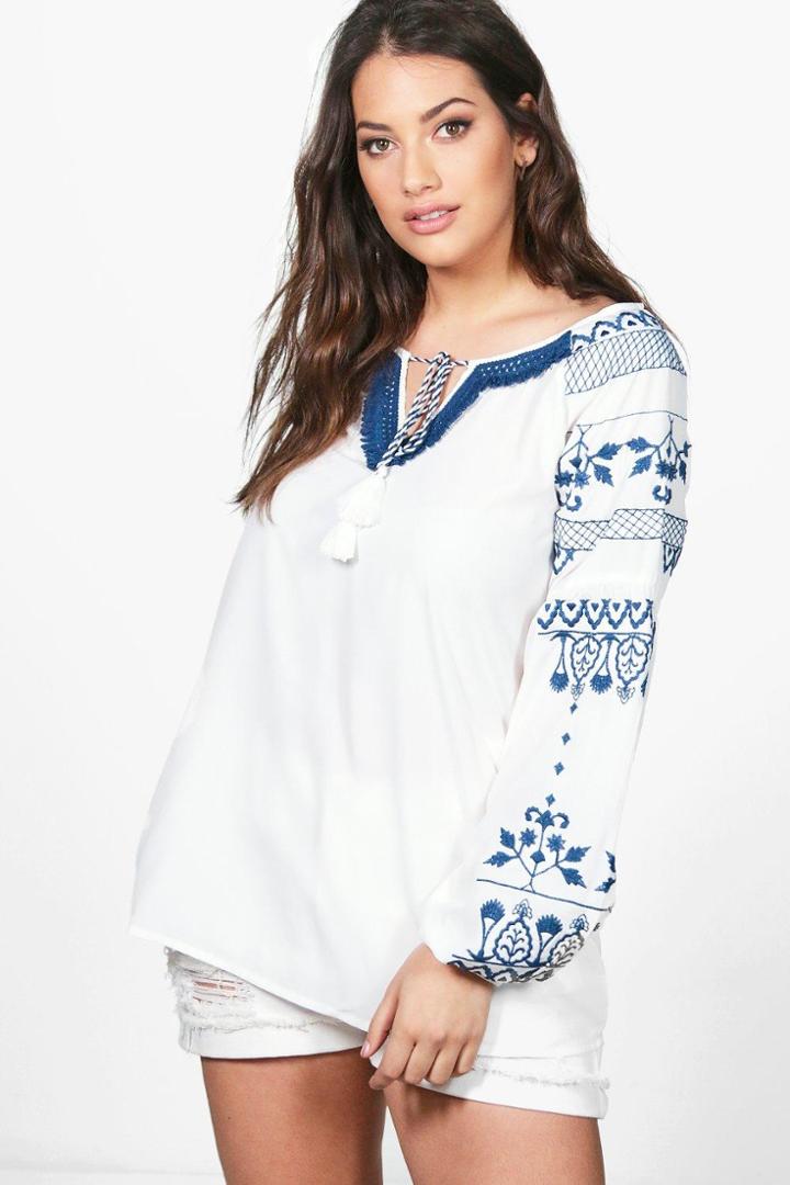 Boohoo Plus Alyssa Embroidered Detail Smock Top White