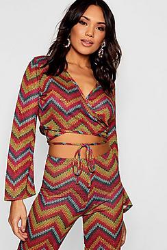 Boohoo Geo Knit Sub Print Wrap Front Long Sleeve Top