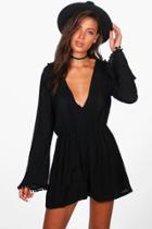 Boohoo Tall Teena Pom Pom Trim Woven Playsuit Black
