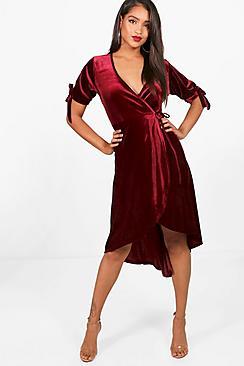Boohoo Lydia Velvet Wrap Dip Hem Skater Dress