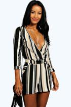 Boohoo Lucia Striped Relaxed Self Belt Playsuit Multi