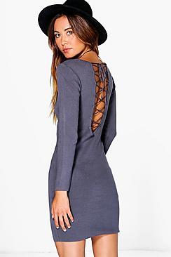 Boohoo Isla Premium Lace Up Rib Knit Midi Dress