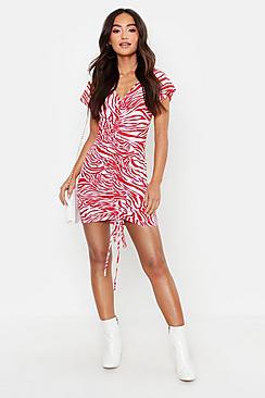 Boohoo Petite Tiger Print Ruched Front Volume Sleeve Mini Dress
