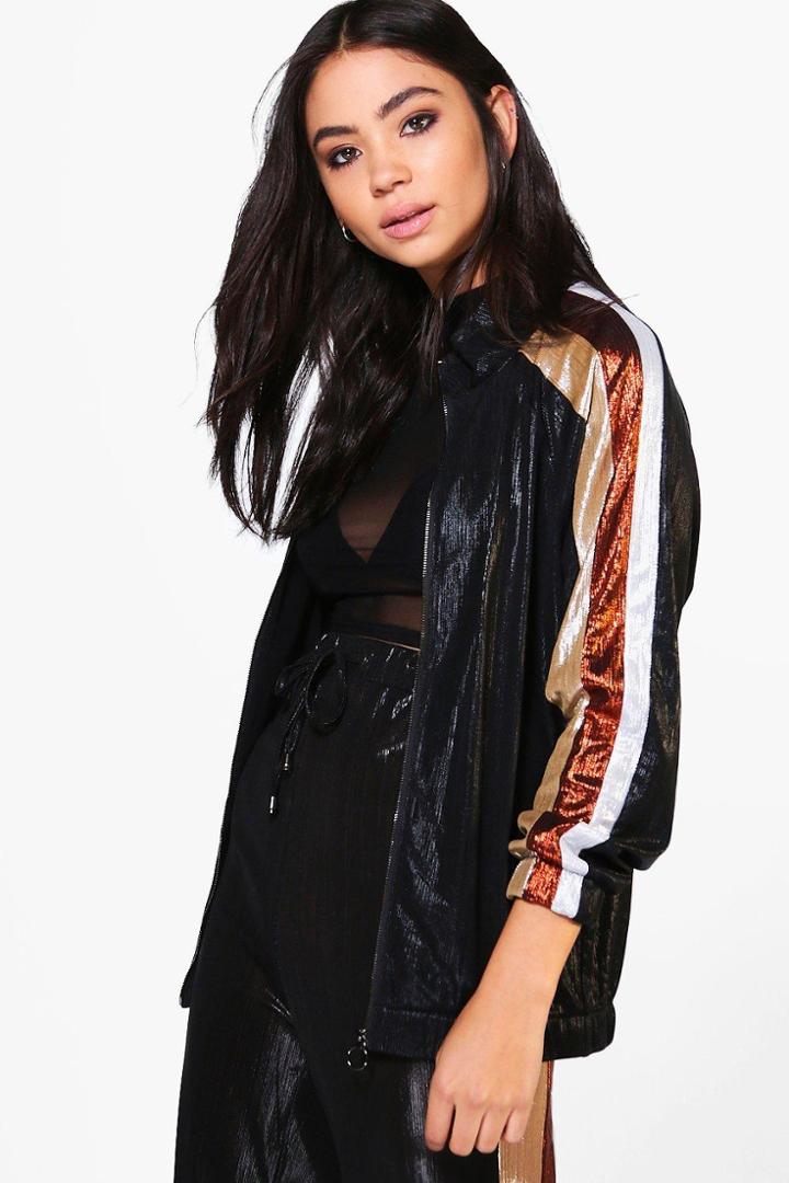 Boohoo Niamh Lurex Zip Through 3 Stripe Raglan Jacket Black