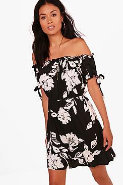 Boohoo Emily Off Shoulder Tie Sleeve Shift Dress