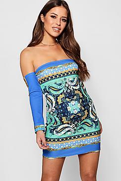 Boohoo Petite Megan Scarf Print Bardot Bodycon Dress
