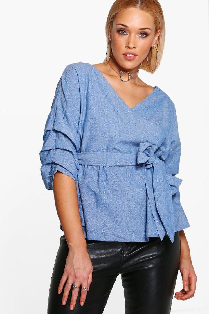 Boohoo Plus Darcy Chambray Wrap Front Blouse Blue