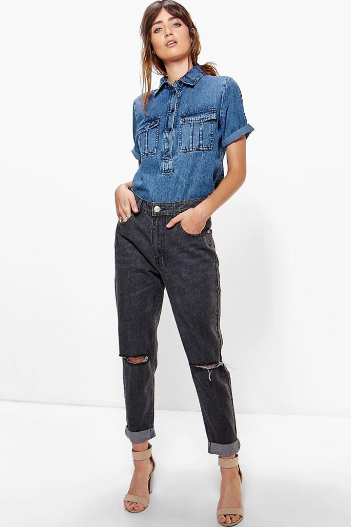 Boohoo Hatty High Rise Knee Rips Boyfriend Jeans Grey