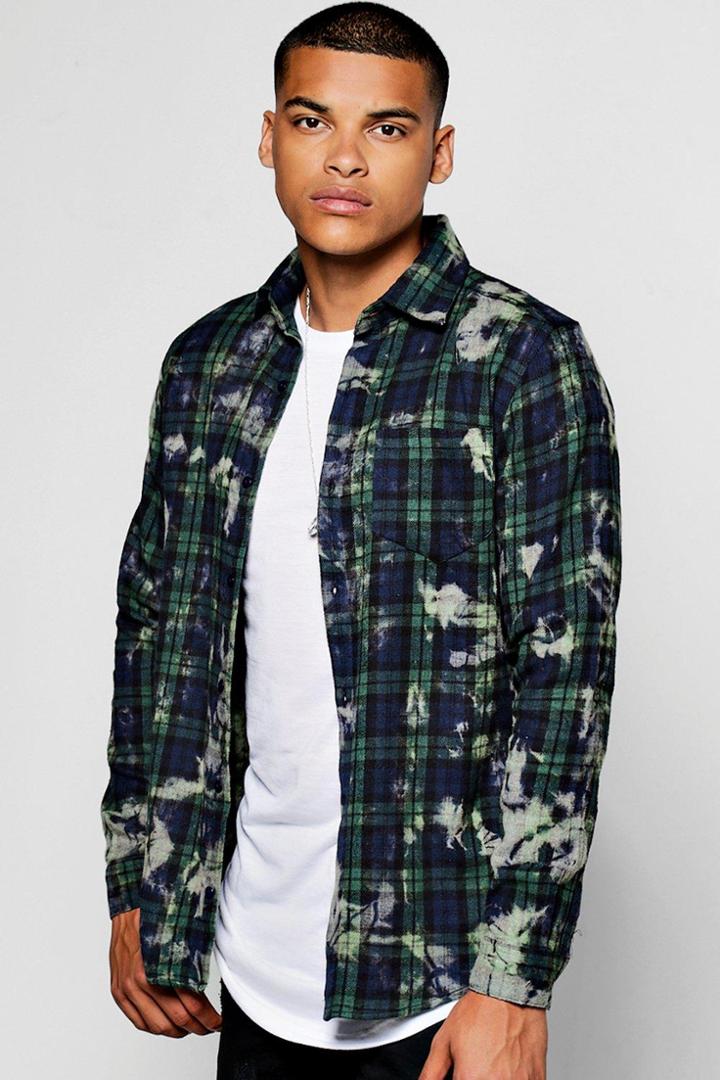 Boohoo Bleach Splatter Long Sleeve Flannel Shirt Green