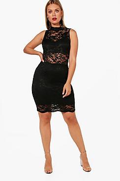 Boohoo Plus Laura High Neck Lace Bodycon Dress