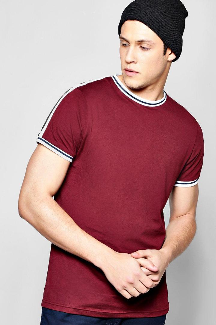 Boohoo Sports Stripe T Shirt With Rib Neck Wine