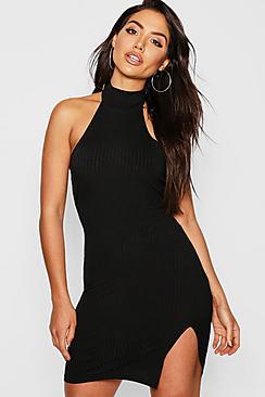 Boohoo Jumbo Rib High Neck Split Leg Mini Dress