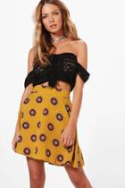 Boohoo Kiaria Bohemian Print Woven Skater Skirt Mustard