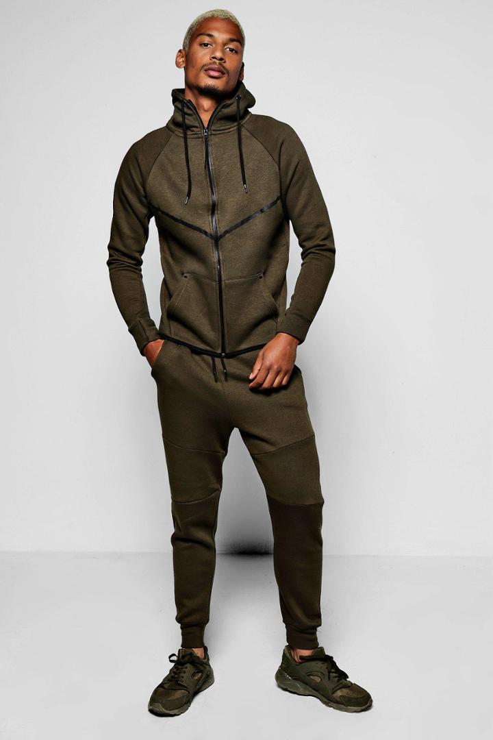 Boohoo Skinny Fit Sport Hooded Tracksuit Khaki