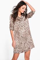Boohoo Tall Freya Silky Leopard Print Shirt Dress Brown
