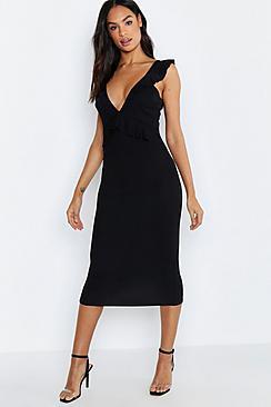 Boohoo Tall Ruffle Plunge Bodycon Dress