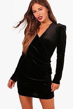 Boohoo Petite Velvet Wrap Front Long Sleeve Dress