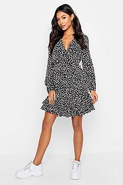 Boohoo Woven Wrap Ruffle Tea Dress