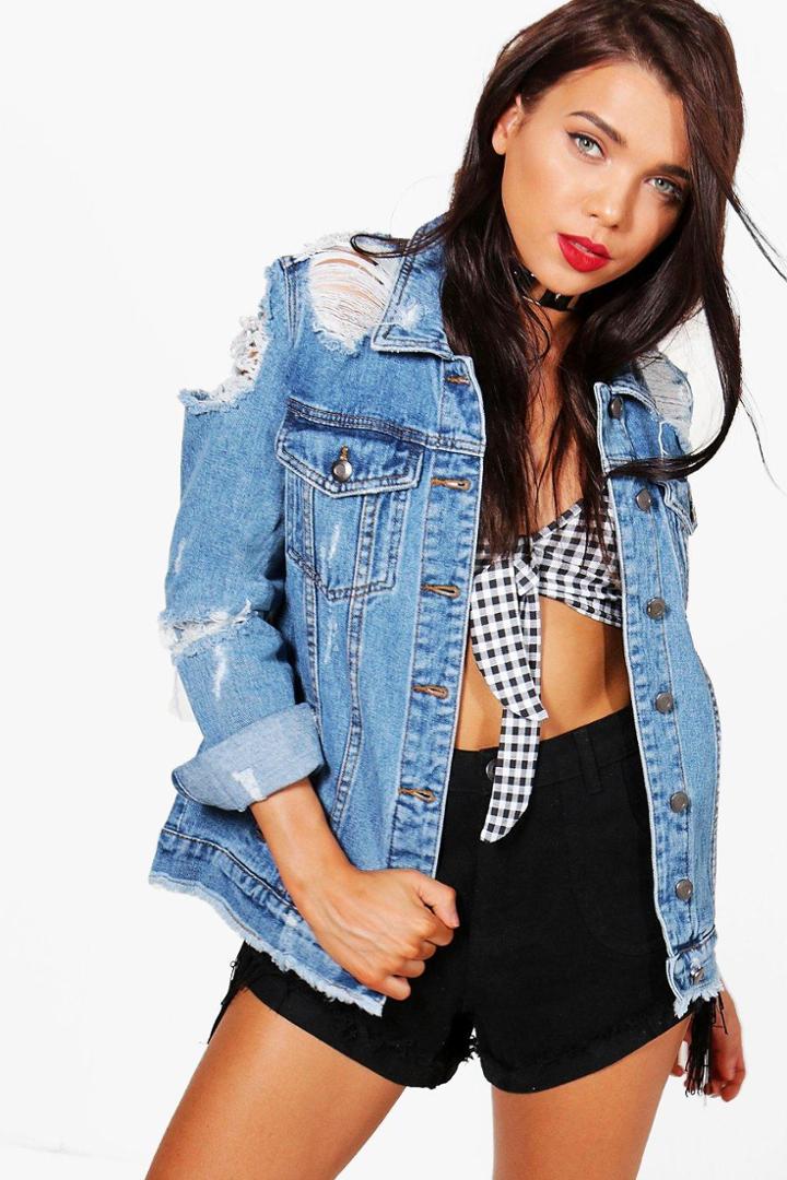 Boohoo Petite Serena Distressed Oversized Jean Jacket Blue