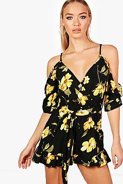 Boohoo Sophia Floral Open Shoulder Ruffle Playsuit