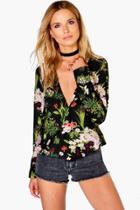 Boohoo Bella Large Floral Wrap Front Shirt Black