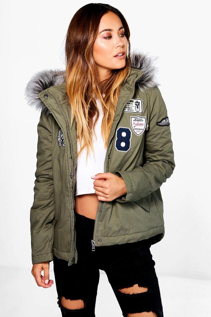 Boohoo Saskia Short Badge Faux Fur Collar Parka Khaki